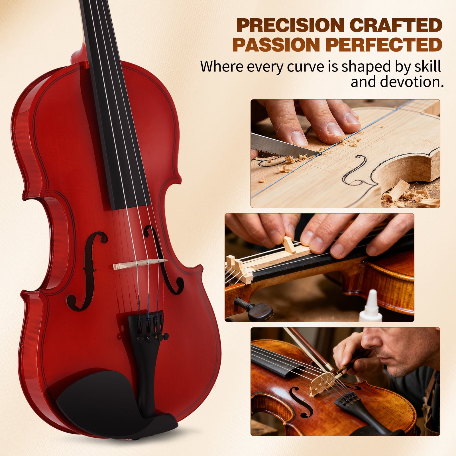 MUSTAR 4/4 Full Classic Violin Set with Bow, Rosins, Hard Case, Mute, Fingerboard Stickers, Shoulder Rest, Beginner Kit (Red Brown)