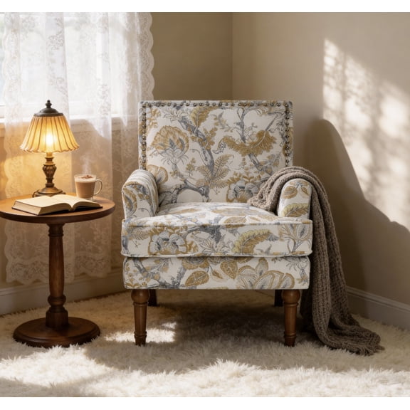 Mirightone Floral Accent Chair with High Back, Nailhead Trim, Comfy Upholstered Armchair with Solid Wood Legs, Contemporary Decorative Lounge Seating, Yellow Floral