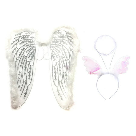Mozlly Value Pack - White Fluffy Glittery Adult Angel Costume Wings AND White Angel Halo Fluffy Headband with Wings - Pretend Play Dress Up - 2 Items - Item #K110111-110113