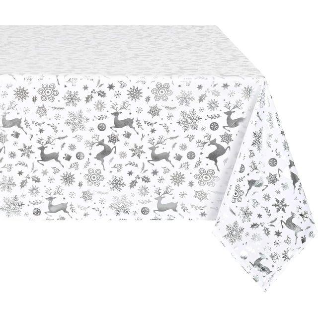 Christmas Tablecloth 60×104 Inch, Silver Snowflake Christmas Table Cloth for Winter, Elk Christmas Tablecloths, Waterproof Xmas Table Cover for Table, Kitchen, Dining, Holiday, Rectangle