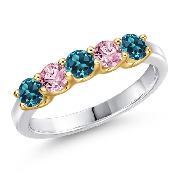 Gem Stone King 10K Two Tone Gold London Blue Topaz and Pink Lab Grown Diamond Wedding-Bands Ring for Women | 1.02 Cttw | Round 3.5MM | Gemstone November Birthstone | Size 6
