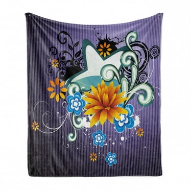 Modern Soft Flannel Fleece Throw Blanket, Contemporary Design with Stars Flowers and Swirls with Dark Purple Color Backdrop, Cozy Plush for Indoor and Outdoor Use, 60" x 80", Multicolor, by Ambesonne