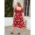 thumbnail image 5 of FlorCurve Plus Size Dresses for Women Square Neck Puff Sleeve Midi Dresses Smocked Floral Print Boho Dresses with Pockets, Red XL, 5 of 7