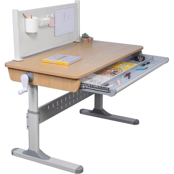 NK Series Kids Study Desk with Large Pull-Out Drawer, Large Pegboard, Cup Holder, Whiteboard, 43.4" x 24", Light Wood