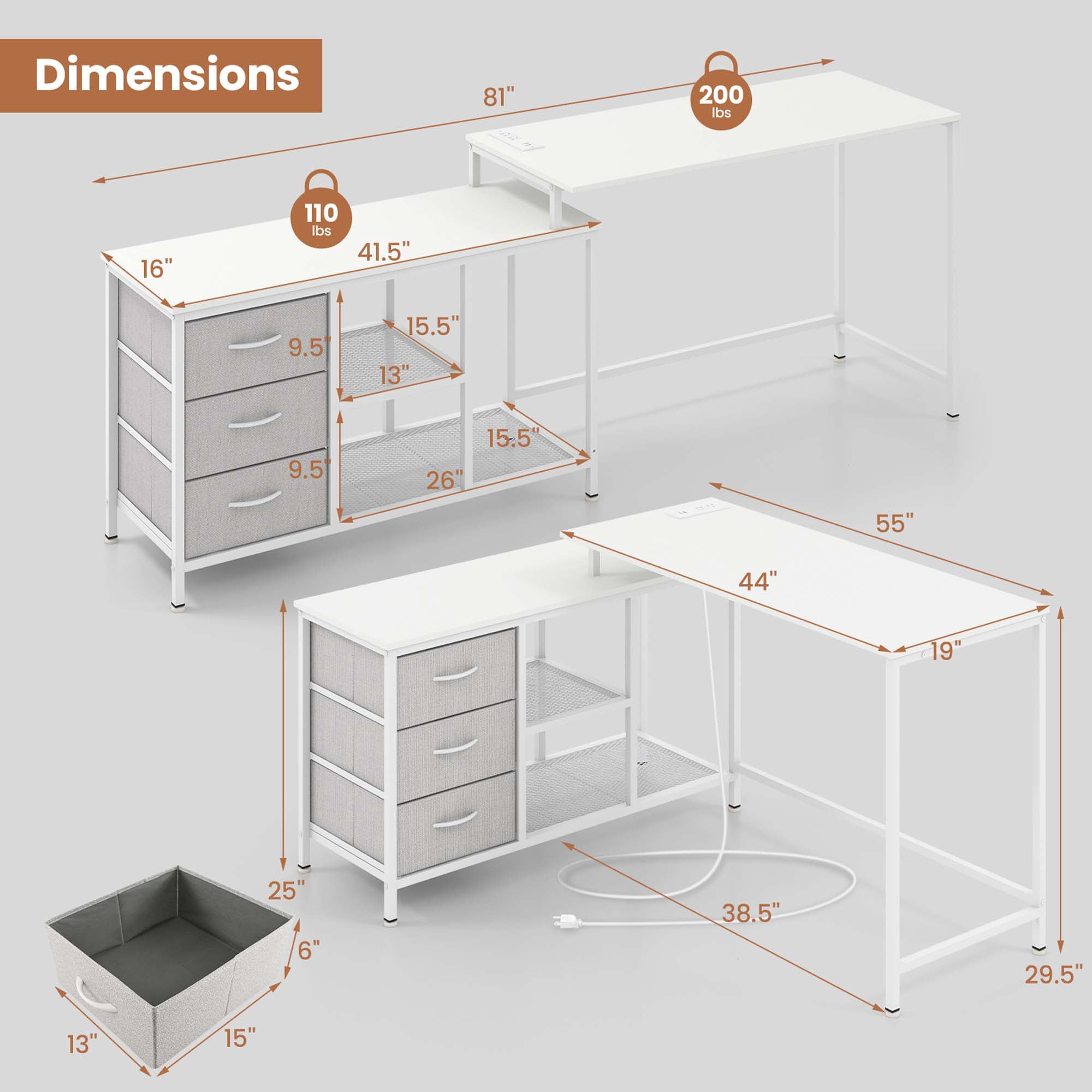 Costway L-shaped Computer Desk with Power Outlet, Fabric Drawers, Metal Mesh Shelves White