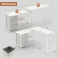 thumbnail image 3 of Costway L-shaped Computer Desk with Power Outlet, Fabric Drawers, Metal Mesh Shelves White, 3 of 9