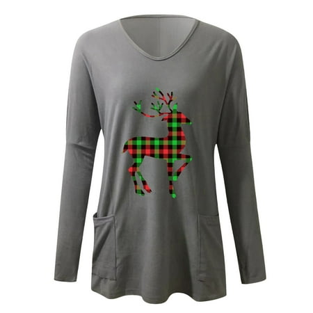 

JDEFEG Long Sleeve Compression Shirt Ladies Casual Jacket Christmas Print V Neck Long Sleeved Shirt Pullover Blouse Christmas T Shirt Womens Cotton Pajamas Shirt Grey S