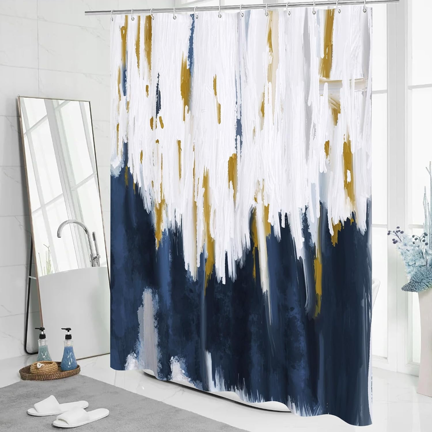 Grey Blue Small Stall Shower Curtain 36 x 72, Abstract Ombre Half Size Narrow Shower Curtain Set, 36 inch Graffiti Oil Painting Shower Curtains for Chic Modern Bathroom Decor