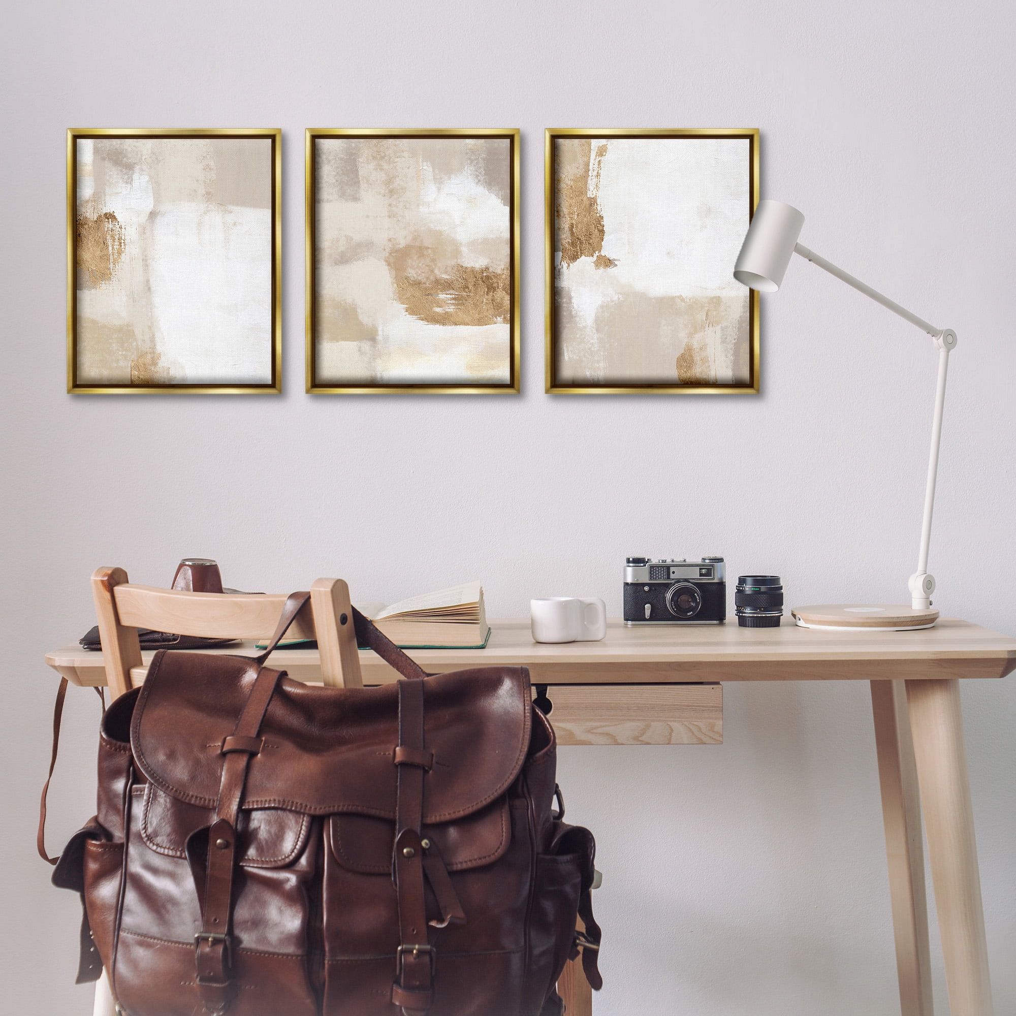 Stupell Industries Beige Modern Abstraction Abstract Painting Gold Floater Framed Canvas Art Print Wall Art, 17 x 21, Set of 3