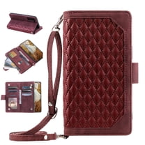 TECH CIRCLE for Samsung Galaxy S21 Wallet Case,Crossbody Purse Cover Card Slots Flip Holder Luxury PU Leather Zipper Protective Case with Wrist Strap,Winered