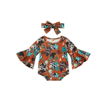 

ZIYIXIN Infant Baby Girls Cow Print Romper Flare Long Sleeve Onesie Bodysuit Headband Cute Outfit