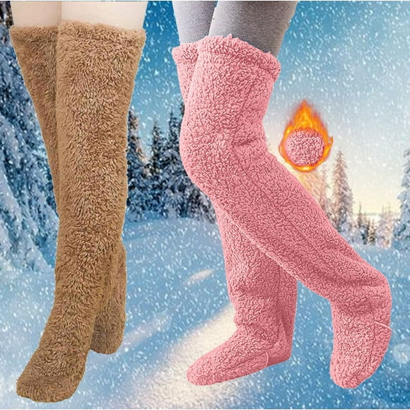 Jsaierl Women's Fuzzy High Slouch Socks Winter Warm Over Knee High Socks Plush Slipper Home Sock Sleeping Fluffy Long Leg Warmers 2 Pair