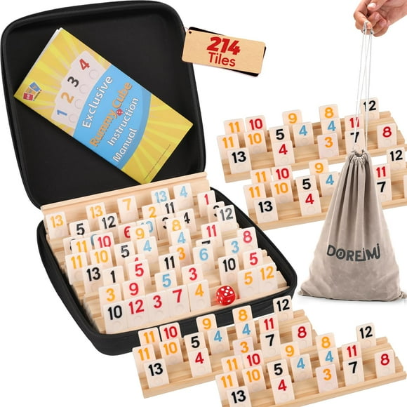 Doreimi Upgraded Rummy Cube Game Set 6-8 Players with 8 Wooden Racks and 214 Rummy Tiles, Travel Family Board Game for Adults and Kids
