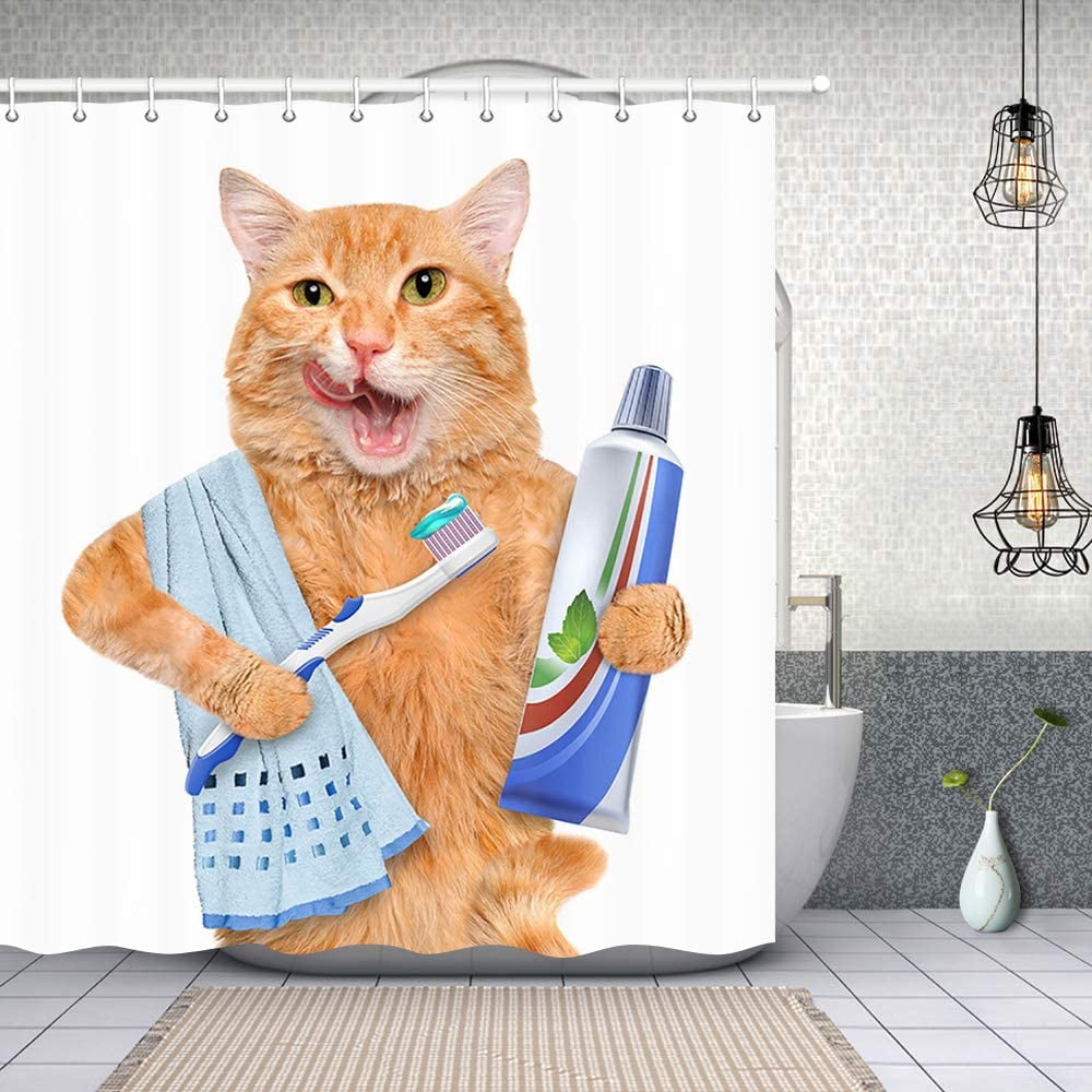 Cat with Toothpaste on Toothbrush Polyester Fabric Shower Curtain Set Bathroom 