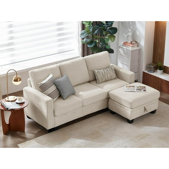 CHIC HOUSE 78.7" Sectional Sofa with Storage Ottoman Chaise, Corduroy L Shaped Sofa Convertible Sectional Couches for Living Room, 4 Seater Corner Modular Sofa with Deep Seat Throw Pillows, Beige