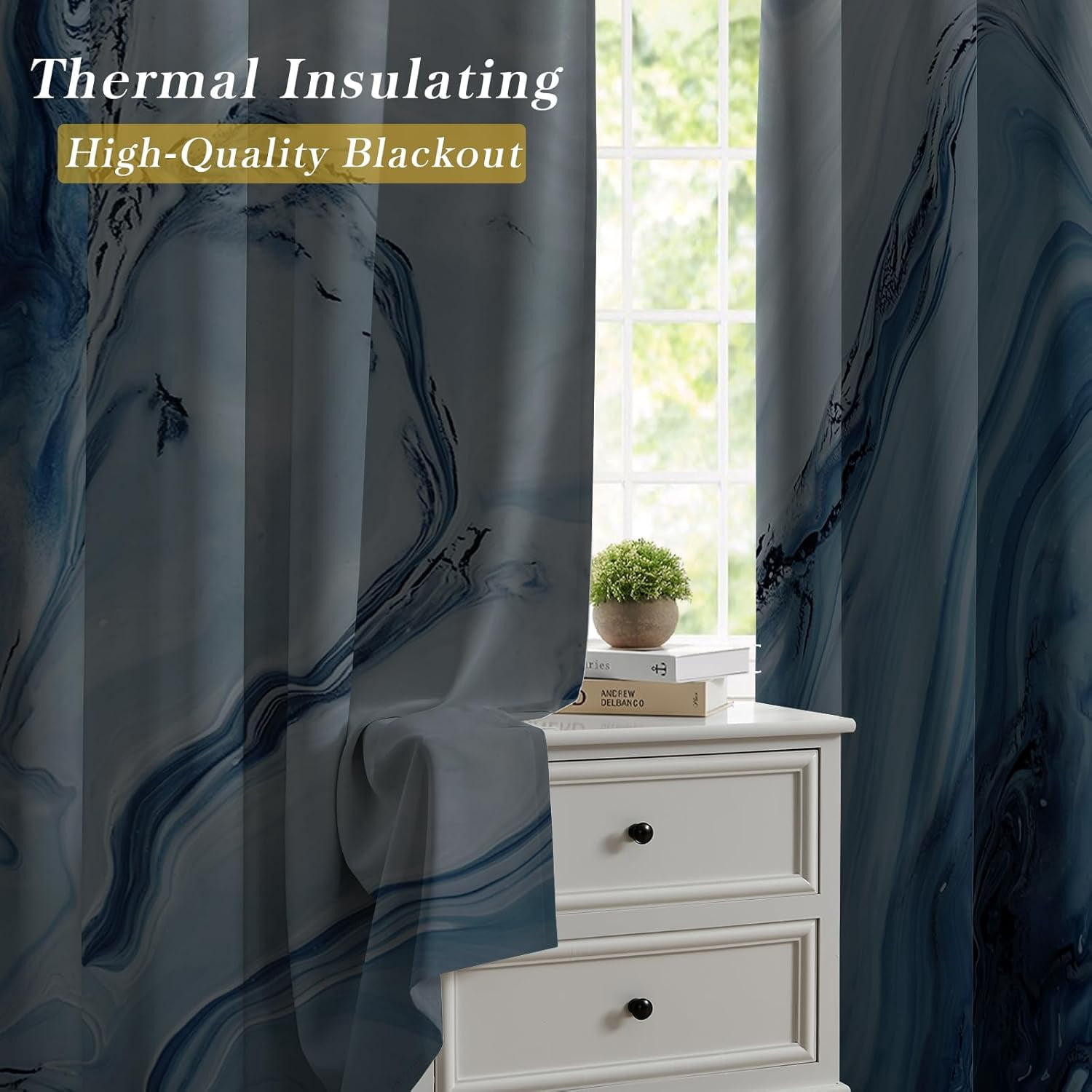 Marble Blackout Curtains for Bedroom Windows, Modern Abstract Print Curtains for Living Room, Blue Dining Room Curtain Draperies 2 Panel Sets, 52" X 84"