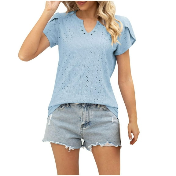 V Neck Blouses for Women Dressy Casual Eyelet Short Petal Sleeve Tops Summer Business Loose Fit Tunic Shirts (XL, Sky Blue)