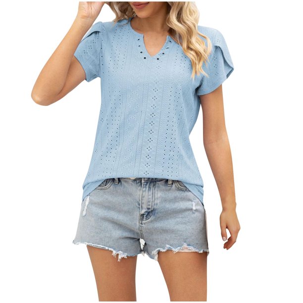 Blusas para las Mujeres Casual Verano Cuello en V Manga Corta con Botones Hueco Camiseta, Top de Moda para Diario Y Fiesta