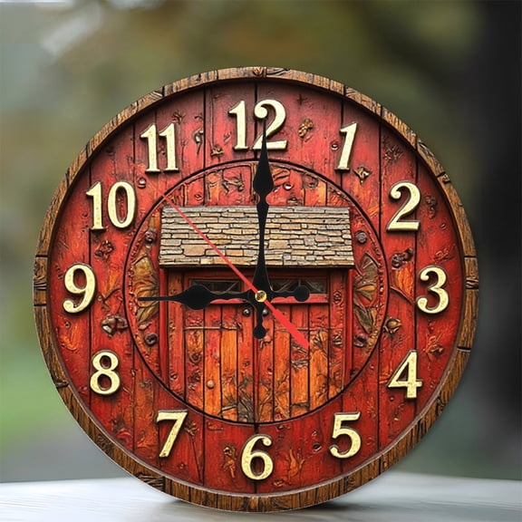 Red Barn Wood Wall Clock Rustic Farmhouse Decor 10-Inch Silent Wooden Wall Clock, Battery Operated (AA Batteries Not Included), Artistic Home Decor