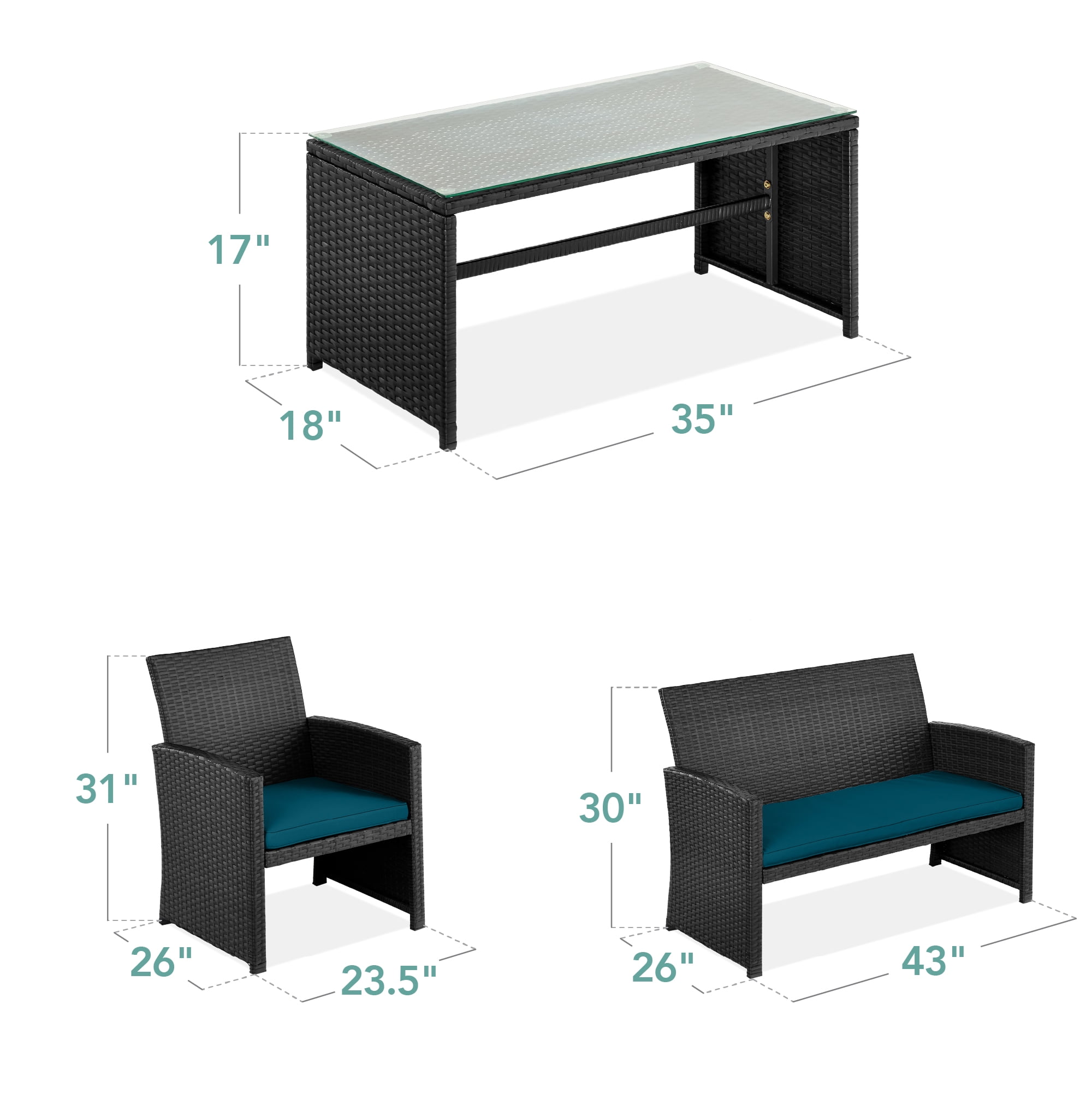 Best Choice Products 4-Piece Outdoor Wicker Patio Conversation Furniture Set w/ Table, Cushions - Black/Peacock