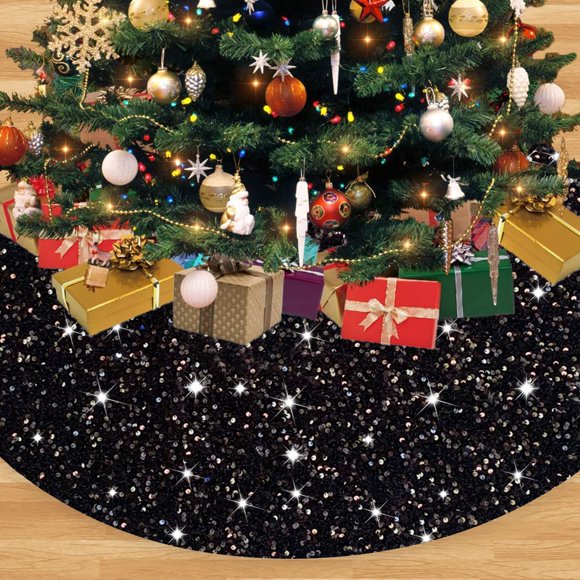 Falda para árbol de Navidad FANPROMS, terciopelo negro con lentejuelas de 116 cm
