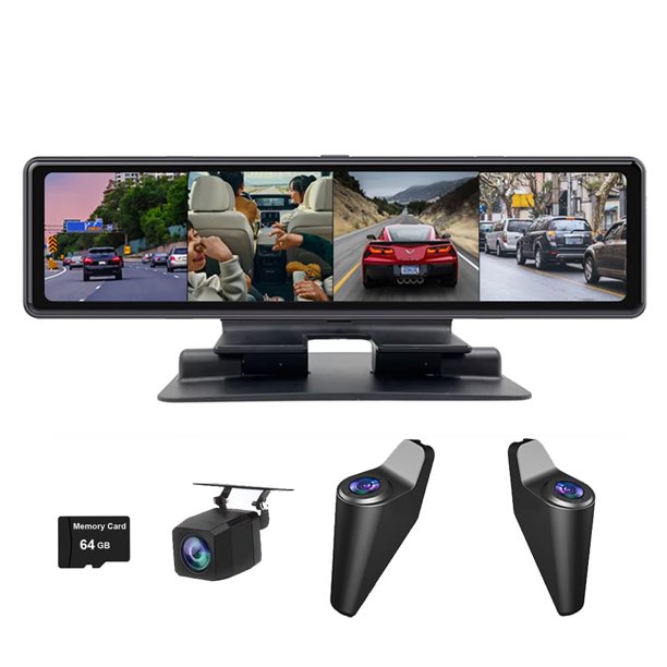 XRC Tech Cámara de salpicadero con Espejo retrovisor, cámaras de 4 Canales graban simultáneamente, monitoreo panorámico de 360 Grados, visualización táctil IPS de 12 Pulgadas, Color Negro