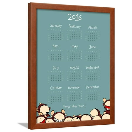 Monkeys Calendar - Calendar for the Year 2016 with Monkeys (Raster Version) Framed Print Wall Art By Alena Kozlova