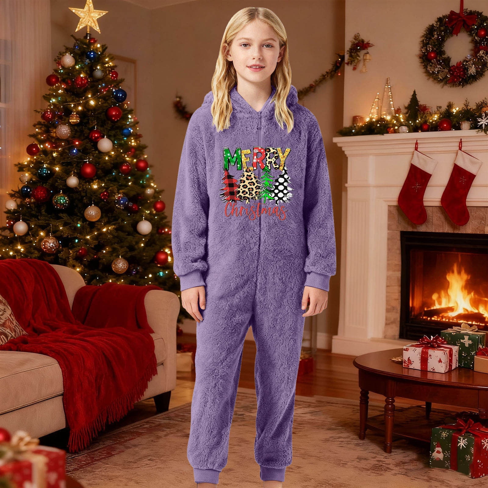 Gelikeya Boys Girls Christmas Onesies Pajamas Fuzzy Jumpsuit Kids Toddler Long Sleeve Jumpsuit Thermal Winter Outfits (Playwear & Purple & 11-12 Years)