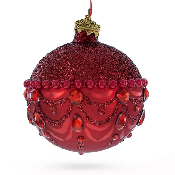 Bejeweled Chandelier Design on Red  Glass Ball Christmas Ornament 3.25 Inches