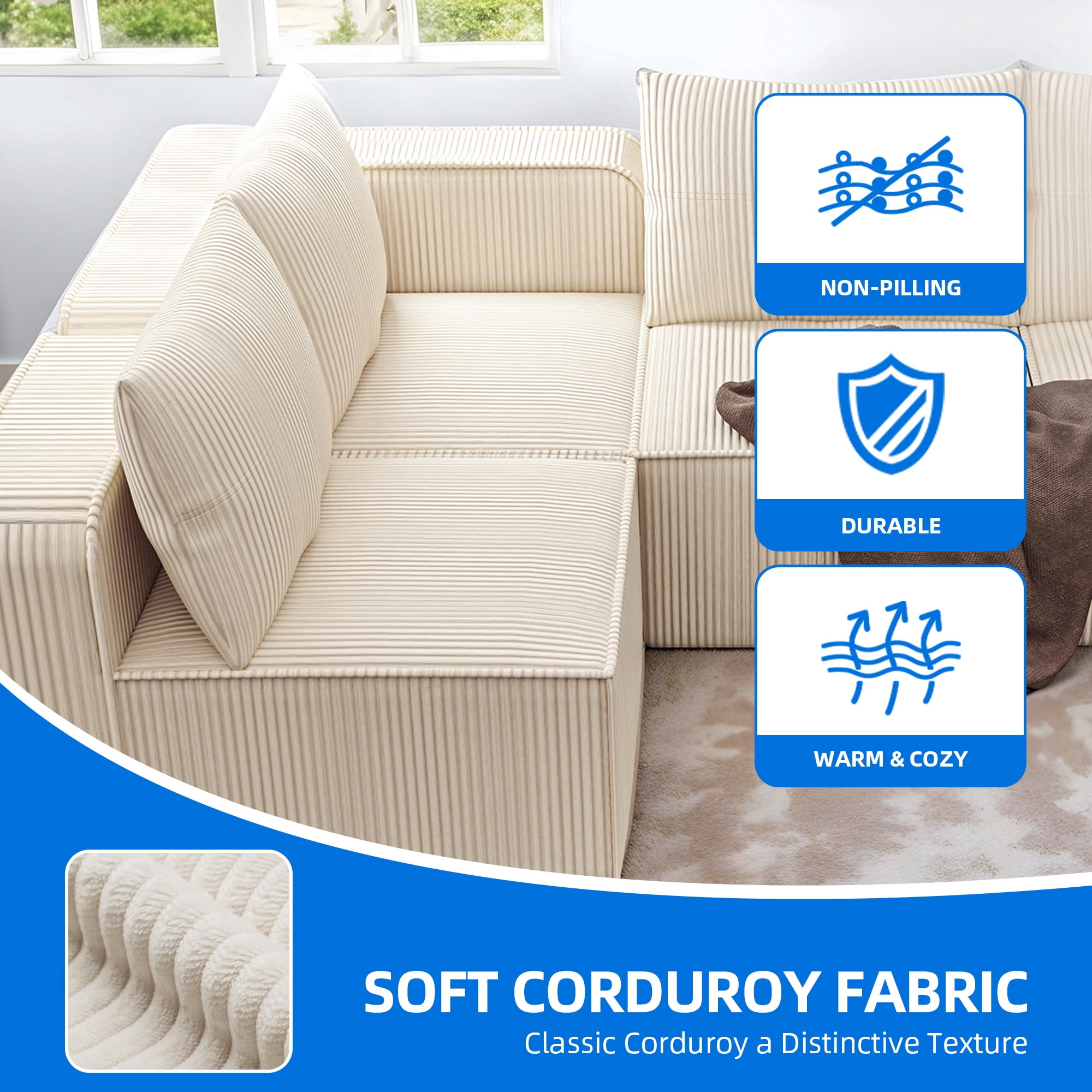Uforic Cloud Sectional Sofa Couch with L-Shape Chaise, Deep Seat, 4 Pillows, Corduroy Upholstery for Indoor, White