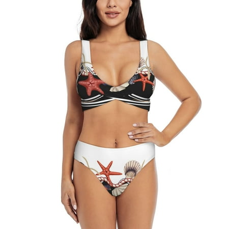 Zeuib Starfishes Shells High Waisted Tummy Control Bikini Set - Knot Front Push Up Top & Cheeky Thong Bottom  Two-Piece Swimsuit for Women-Large
