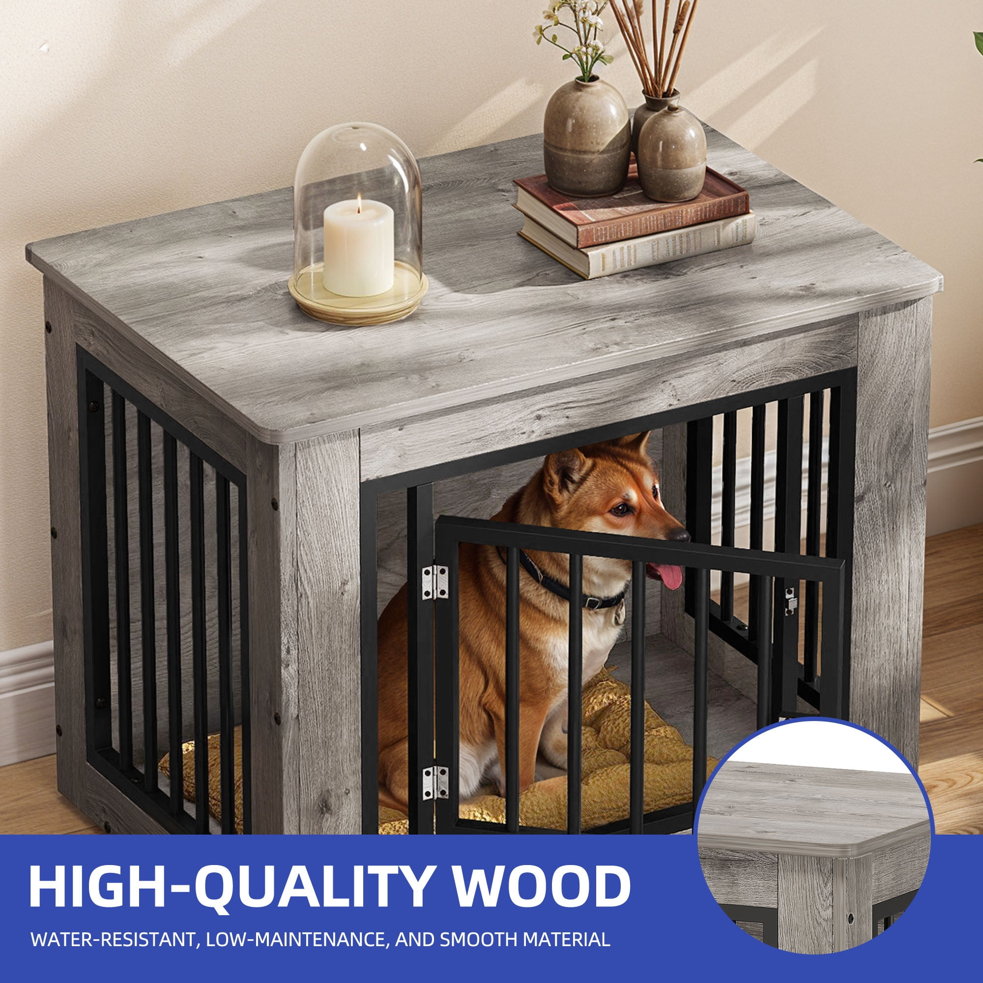 ModFusion Small Gray Iron-Wood Dog Crate Furniture, Indoor Kennel with End Table Design, Secure Front Door & Top Storage Shelf, for Dogs up to 35 lbs