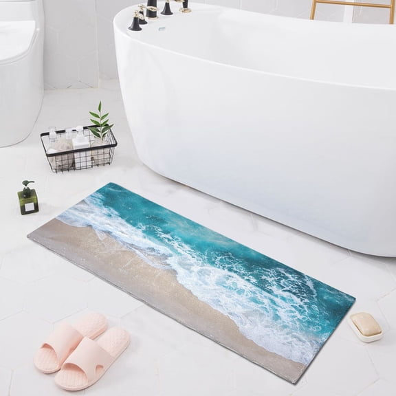 Beach and Waves Bath Mat 39x20 Non-Slip Bathroom Rugs Absorbent Soft Plush Quick Dry for Tub Shower Kitchen Home Decor