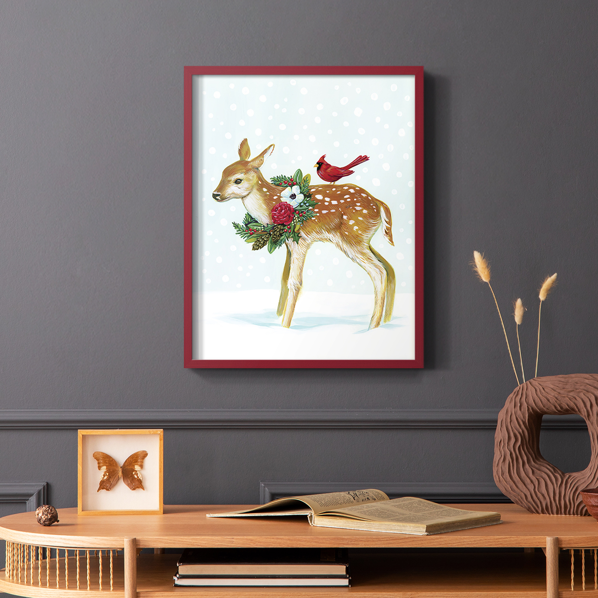 Winter Woodland Creatures with Cardinals II Framed Print - Solid Wood in Single Picture Frame Solid Wood 2 Framed Print