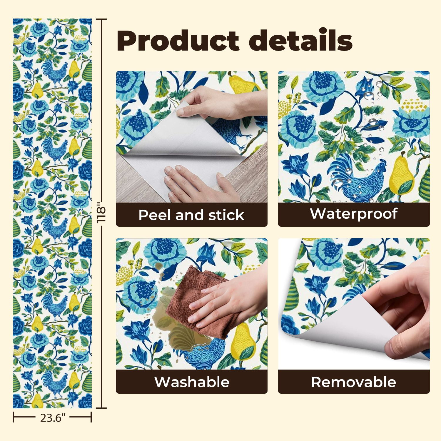 Farmhouse Peel and Stick Wallpaper 23.6in x 9.8ft Blue Yellow Floral Chicken Pears Flowers Contact Paper Vinyl Self-Adhesive Removable Wall Paper for Bedroom Kitchen Cabinet Renter Friendly