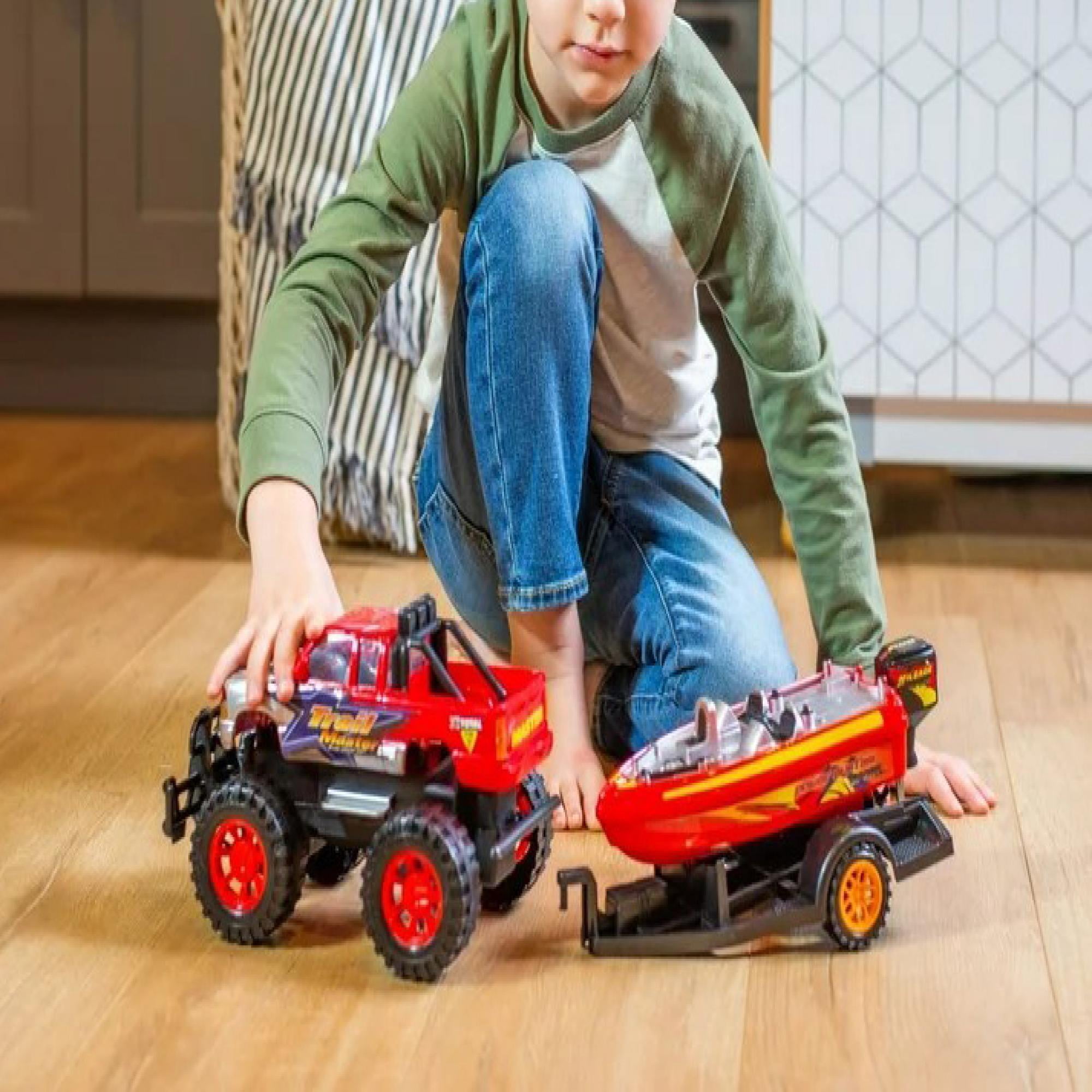 Speed Max King Friction-Powered Toy Truck with Speed Boat & Trailer – Play Vehicle Set