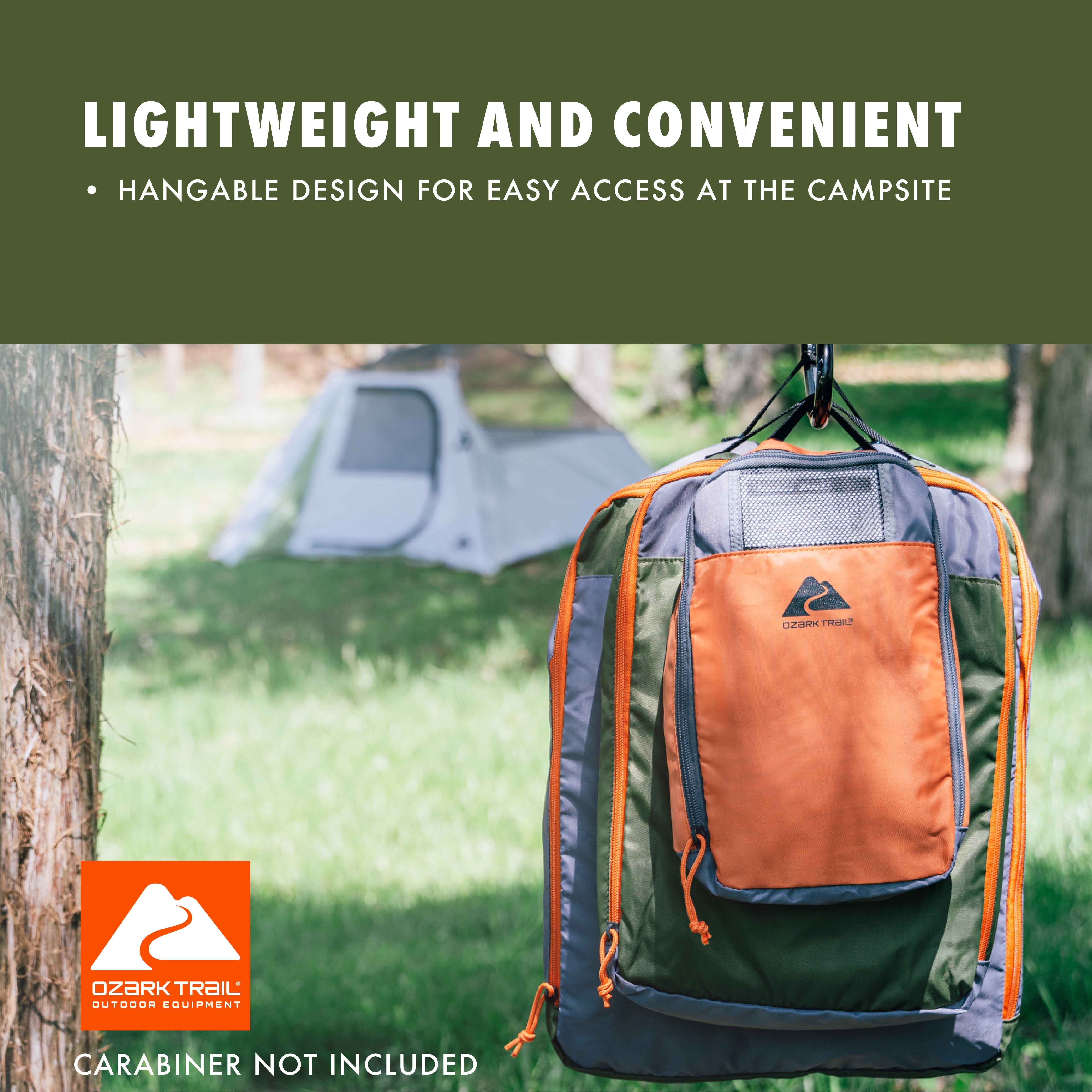 Ozark Trail Set of 3 Non-structured Polyester Camping Organizer Cubes, Various Sizes, Orange, Grey, & Green