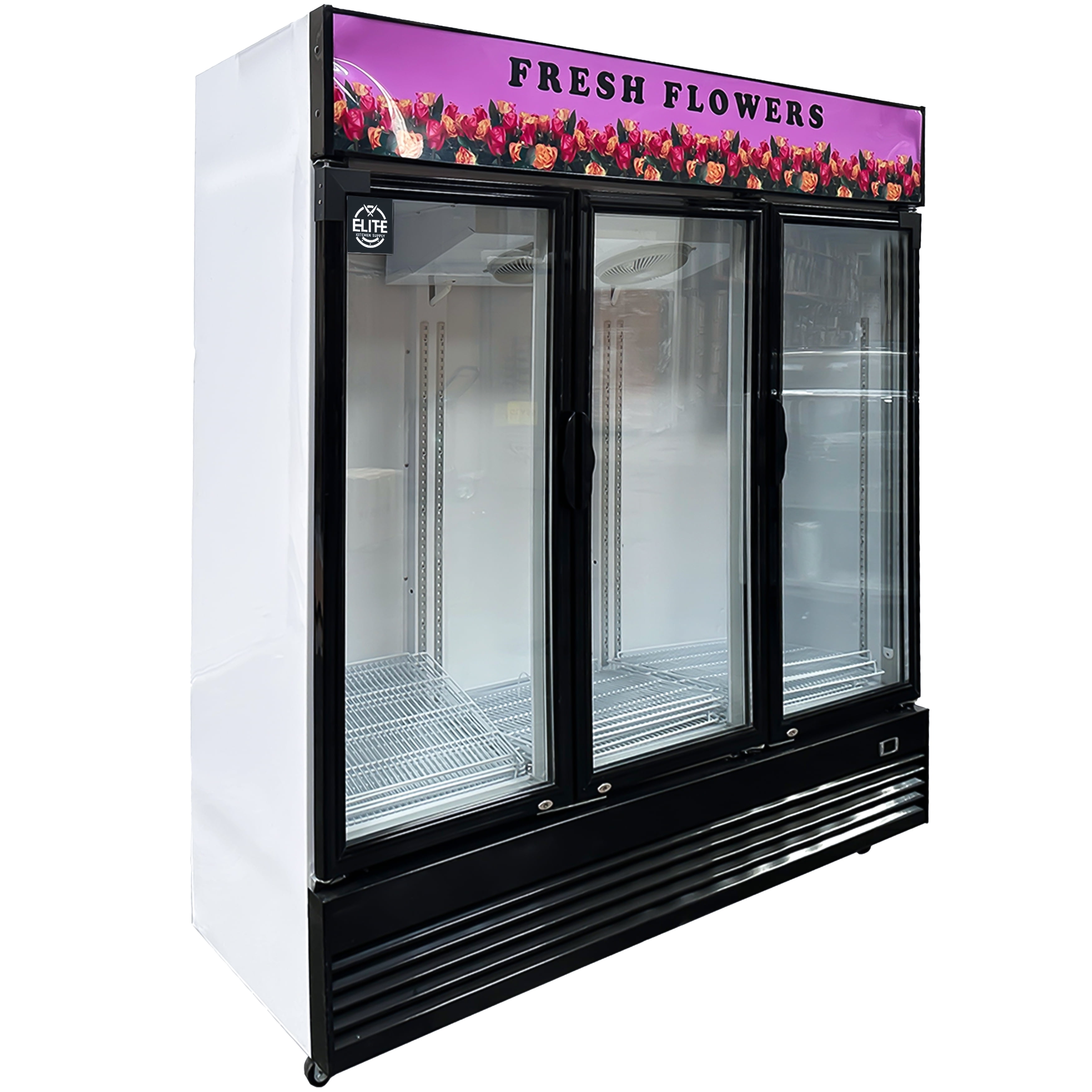 Elite Kitchen 75in Stainless Double-Tempered Glass Door Floral Cooler, 59 Cu.Ft. Commercial Refrigerator