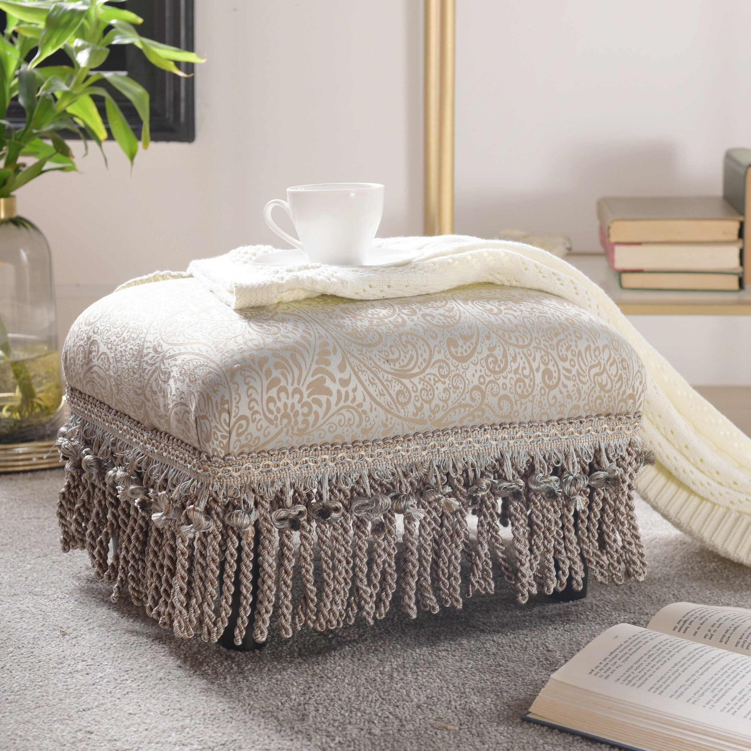 Fiona Traditional Decorative Footstool Teal Tan Polyester