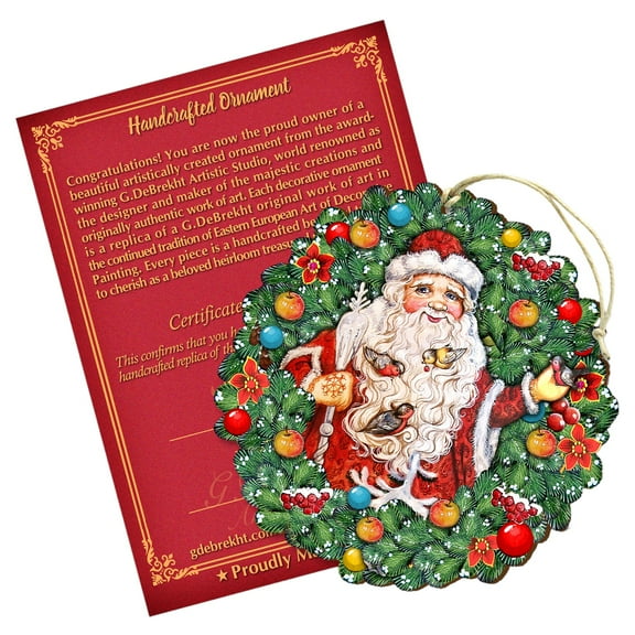 Designocracy Set of 2 Santa with Birds Wreath Wooden Christmas Ornaments 5.5"