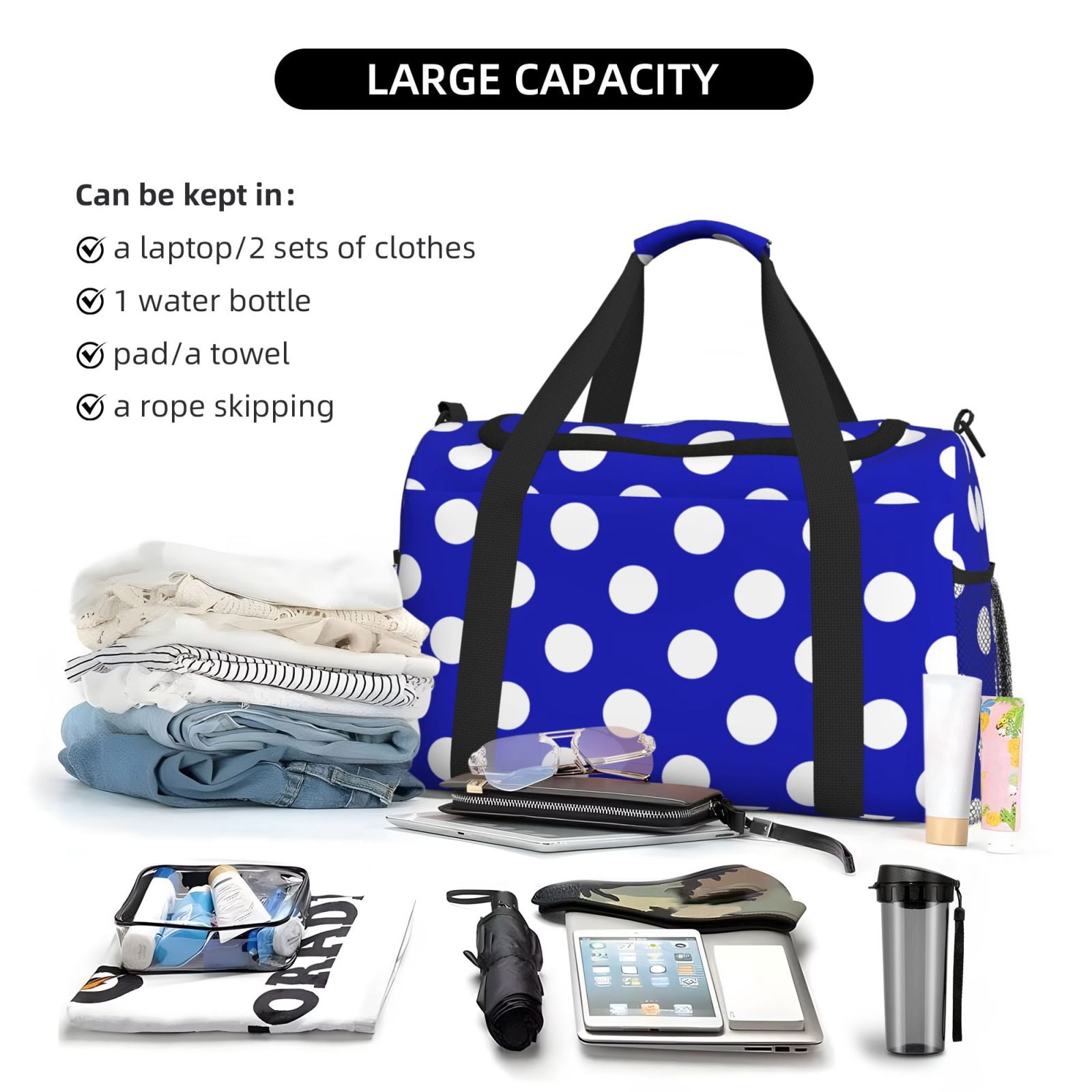 Fuzoiu Blue And White Polka Dot Print Travel Duffle Bag,Carry On Tote Bags,Duffel Bag,Sport Gym Bag, Hospital Bag for Labor and Delivery, Overnight Bag,Luggage Bag