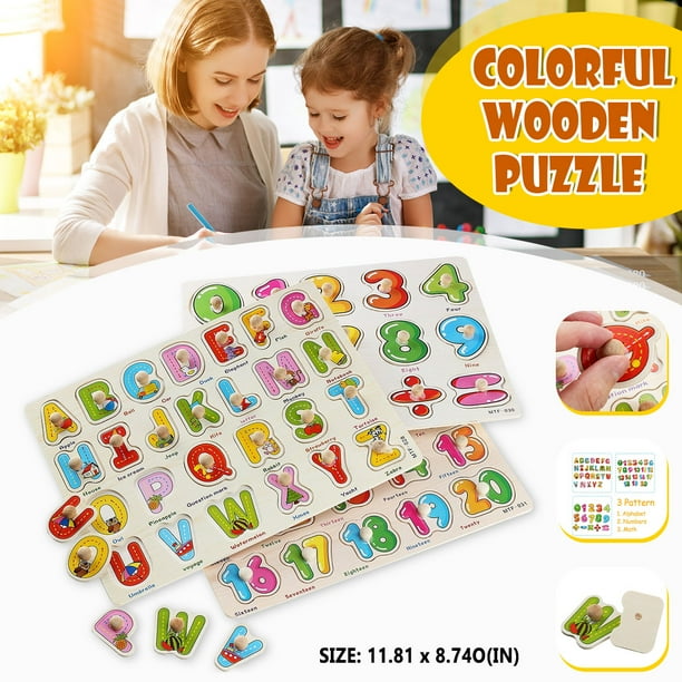 Wooden Peg Puzzles for Toddlers 2 3 Years Old, Alphabet ...