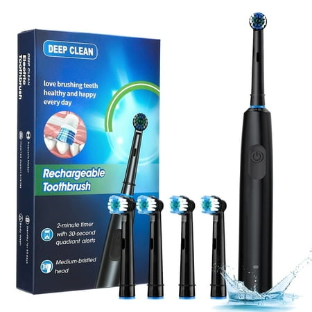 Rotating Electric Toothbrush, with IP67 Waterproof, 5 Care 3 Sonic Vibration Modes, 4 Replacement Brush Heads, 2min Smart Timer for Sensitive Gum Care, Type-C Charging, Black