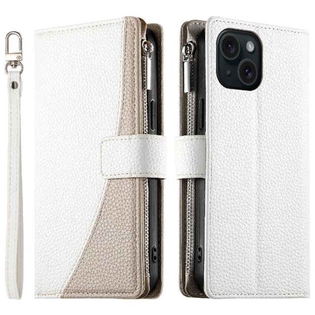Funda cartera GANGXUN para iPhone 15 , cuero PU con tarjetero, cremallera, correa de mano, soporte y protección 825°