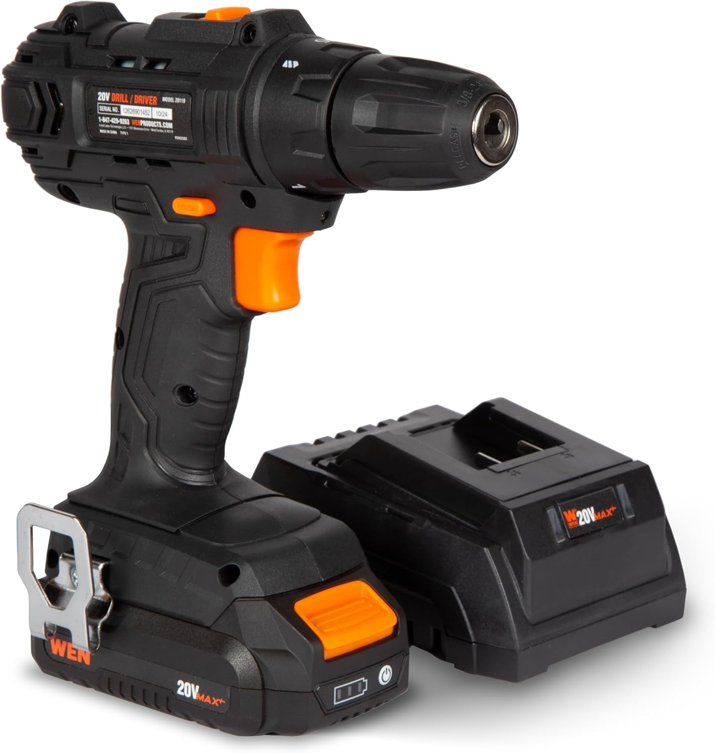 WEN 20V Max Cordless 3/8-Inch Drill/Driver with 2.0 Ah Lithium-Ion Battery and Charger (20119)