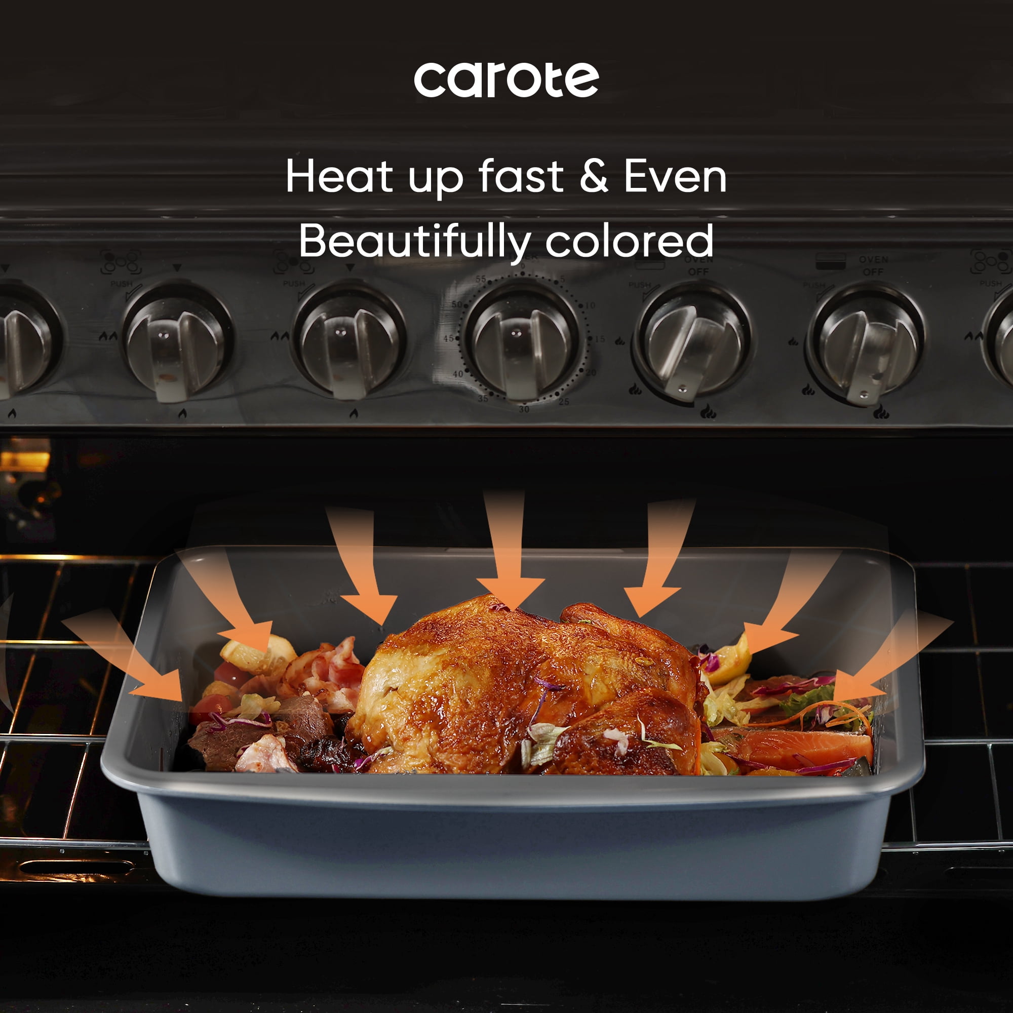 Carote 9 Pc Stackable Nonstick Bakeware Set, Includes Cookie Sheet, Muffin, Bread, Cake, Loaf & Roasting Pans, Gray & Blue