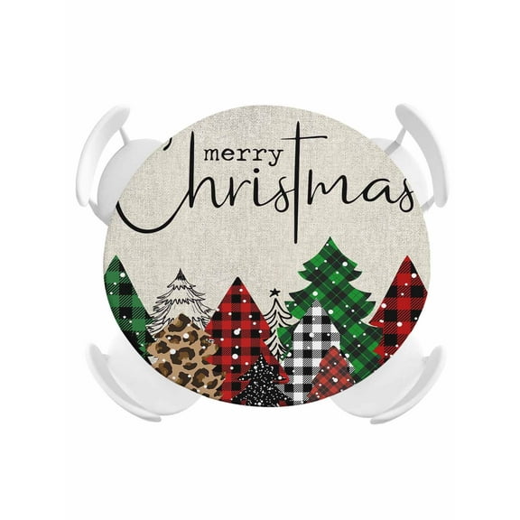 Round Tablecloth Merry Christmas Elastic Edge Fitted Buffalo Plaid Xmas Tree Winter Forest Farmhouse Plastic Table Cover,Waterproof Oil Proof for Dinner,Outdoor, Picnic, 45"- 54" DIA Tables Red Green