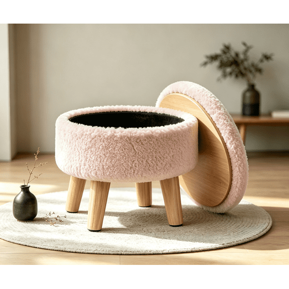 Small Round Ottoman, Reversible Upholstered Footstool with Storage, Pink