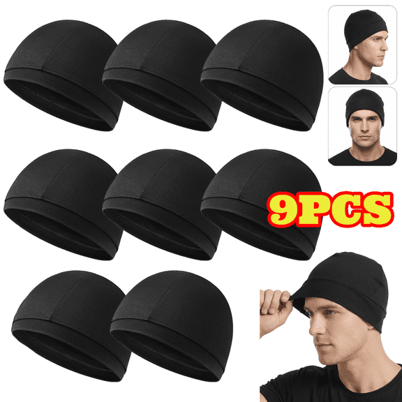 YanJici Cooling Skull Cap for Men Women, 9pcs Sweat Wicking Helmet Liner Cycling Running Hat, Balck