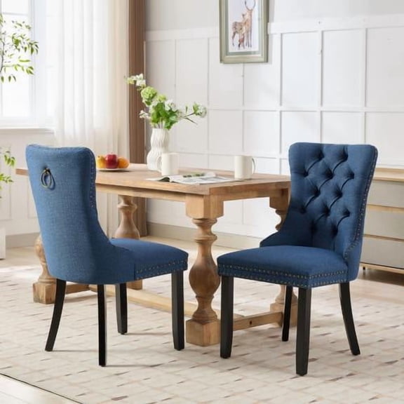 Flax Upholstered Linen Dining Chairs Set of 2, Modern Tufted High Back Accent Side Chair with Nailhead Trim and Solid Wood Legs for Kitchen, Blue